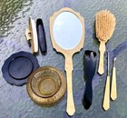 Antique Art Deco Marbled Celluloid Vanity Set- Mirror  Brush  Amber Glass Etc