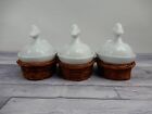 Vintage Set Of Three Ceramic Ramekins With Decorative Duck Lid   Wicker Basket