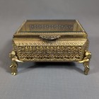 Vintage Brass Filigree Casket Jewelry Box  Glass Top Hand Made Rare 