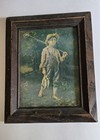 Vintage Picture In Wood Frame With Metal Tag Boy Fishing