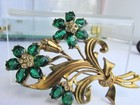 Rare Vintage Art Deco Unique Dark Green Glass Cabochons W  Eyes Brooch Pin 