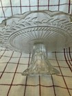 Scallopedround Glass Footed Cake Stand Stamped Leaf Design   9   diameter Vintage