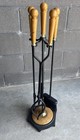 Vintage Wood Brass Iron Fireplace Tool Set With Stand Genuine Oak Heavy