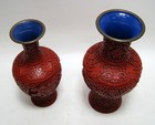 Vintage Chinese Vase Set Of 2 Cinnabar Red With Blue Enamel Carved Scene Export