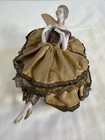 Vintage Porcelain Half Doll Pin Cushion Box     Lady With Fan  Gold Silk   Black