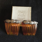 Vintage Silver Henry A La Pensee Paris Leaf Top Amber Hair Combs Pair 2 W  Box