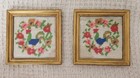 Vtg 70   s Framed Needlepoint Flowers And Roosters Hand Stitched Granny Core