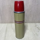 Vintage Thermos Metal Vacuum Bottle Tan With Red   Silve Stripe No 34qa