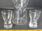 Hand Blown Flower Etched Glass Decanter 2 Shot Glasses Clear Vintage Mcm