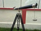 Brass Double Barrel Telescope With Wooden Tripod Home   Office Decor Vintage