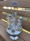 Antique Castor Cruet Set Meriden Company Silverplate 6 Etched Bottles Spins Read