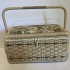 Vtg Wicker Embroidered Floral Tapestry Woven Sewing Basket W Legs   Notions