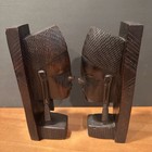 Vintage African Hand Carved Ebony Wood Bookends Tribal Makonde Faces 9  Damage