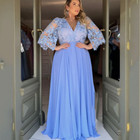 Blue Mother Of The Bride Dresses V Neck Appliques Chiffon Long Sleeves Plus Size