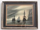 Sailboat Seascape Ocean Night Sky Painting Watercolor Signed Wood Framed 17x14   