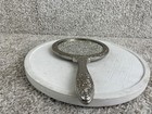 Vintage Ornate Plated Vanity Pewter Hand Mirror Silver