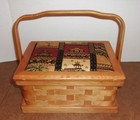 Vtg Basket Weave Wood Sewing Box India Fabric Hinged Lid Handle Inside Tray
