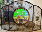 Vtg 3-panel Wrought Iron W tiffany Style Stained Glass Fireplace Screen 49x32 5   
