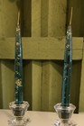 2 Vintage Mid Century Modern Lucite 8  Taper Candles Blue W  Gold Flecks
