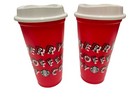 2 Starbucks 2019 Holiday Reusable Red Hot Cup Grande 16oz Plastic Merry Coffee