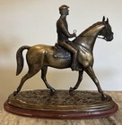 Beautiful Vintage Bronze Horse With Rider Statue Wooden Base 15      