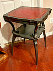 Rare 1940s Mahogany Spider Leg Two Tier Accent Table Gold Tooled Red Leather Top