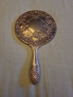 Vintage Embossed Silver Plated 9    Ornate Vanity Hand Held Mirror Floral Roses