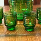 Vtg 1960s Italy Emerald Green Glass Decanter   4 Cordial Shot Glasses Gold Mcm