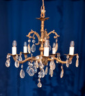 Vintage Antique 5 Light Ornate French Brass Chandelier Lead Crystal Prisms Spain