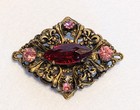 Vintage Brooch Art Nouveau Victorian Revival Red Pink Glass With Filigree 2 Inch