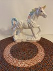 Rainbow Unicorn Statue Figurine White Irridesent Glaze W Rainbow Mane   Tail 9 