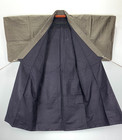 Unused Japan  Mens Kimono Silk Tsumugi Gray Brown Plaid Robe Duster Coat  Petite