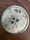 Vintage Art Deco Glass Powder Jar Blue Cabochon Floral Metal Lid Vanity Dresser