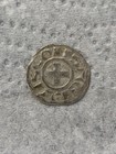 Medieval Silver Denier Hammered Coin - Cross   Temple Architecture  0 96g 