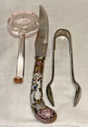 Vintage Lot Pink Glass Mayo Spoon  Stake  enamel Cheese Knife   Sugar Tongs