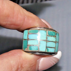 Awesome Navajo Sterling   Inlay Turquoise Wide Band Ring Size 8  14 Stones
