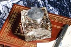 Elegant Large Antique Paperweight Crystal Sterling Silver English Desk Inkwell