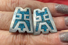 Southwestern Totem Look Old Pawn Sterling Silver Inlay Turquoise Clipon Earrings
