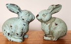 Small Distressed Cast Iron Bunny Statue - Powder Blue Patina For Garden Or Home