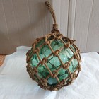 Vtg Japanese Large Glass Fishing Float Buoy Ball Net Hand Blown Green Circ 29 