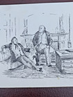 Antique 19thc Pen And Ink Drawing Of Two Men In A Study