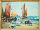 Beautiful Antique Painting Of European Coastal Landscape With Sailboats  Signed
