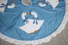 Vtg Country Geese Christmas Tree Skirt Goose Bows Ruffle Edge Wedgewood Blue 80s