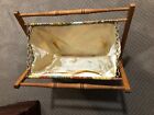 Vtg Knitting Sewing Caddy Basket Yarn Bag Folding Wood Frame Patchwork Print