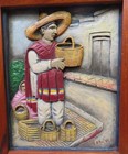 Mexican Folk Art Wood Carving Bas Relief - Basket Seller - Hnos Villa