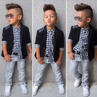 3pcs Baby Boys Dress Suit Coat plaids Shirt denim Pants Set Kids Clothes Outfits