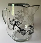 Rockwell Sterling Silver Overlay Peony Glass Pitcher Vtg Art Nouveau 1940 s