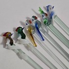 Vtg Lot 6 Tropical Birds Hand Blown Glass Cocktail Swizzle Sticks Drink Stirrers