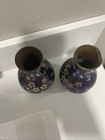 Pair 2 Chinese Cloisonne Cobalt Blue Cherry Blossom Floral Enameled Vases 5 5   