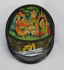 Vintage Russian Palekh Lacquer Handpainted Oval Trinket Box 